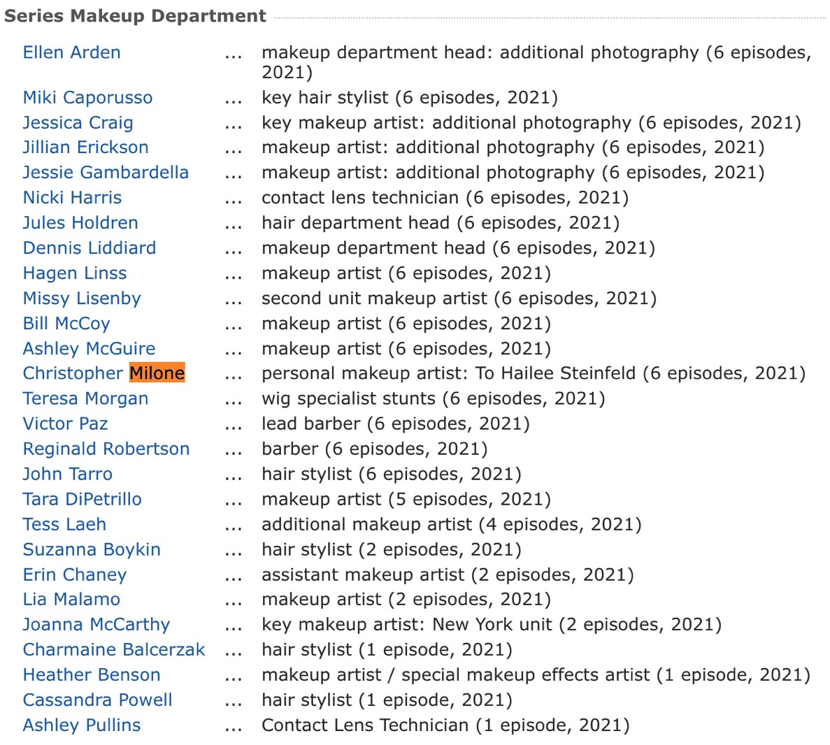 Hawkeye credits shows a Christopher Milone as Hailee Steinfeld's personal makeup artist.