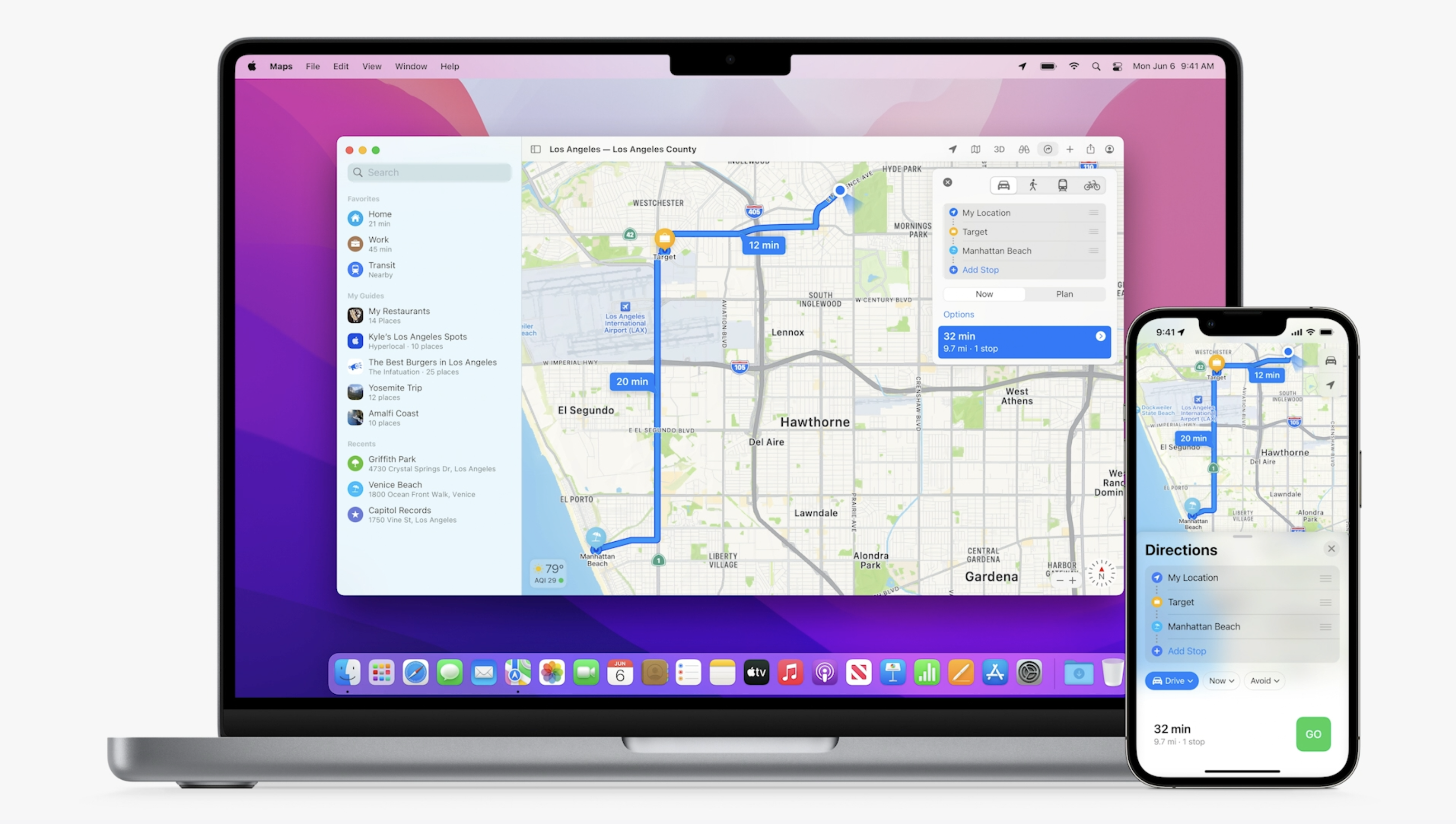 Apple Maps in iOS 16 on iPhone and macOS on MacBook Pro.