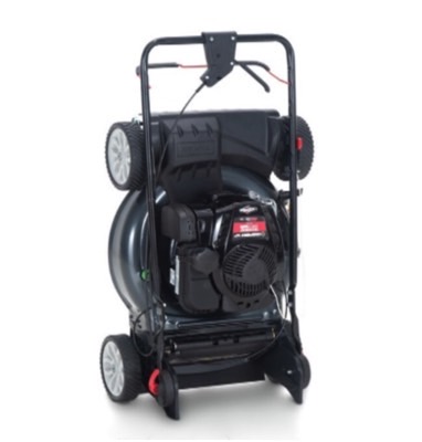 MTD Products lawn mower recall: Troy-Bilt SpaceSavr Walk-Behind Self-Propelled Lawn Mower in vertical position.