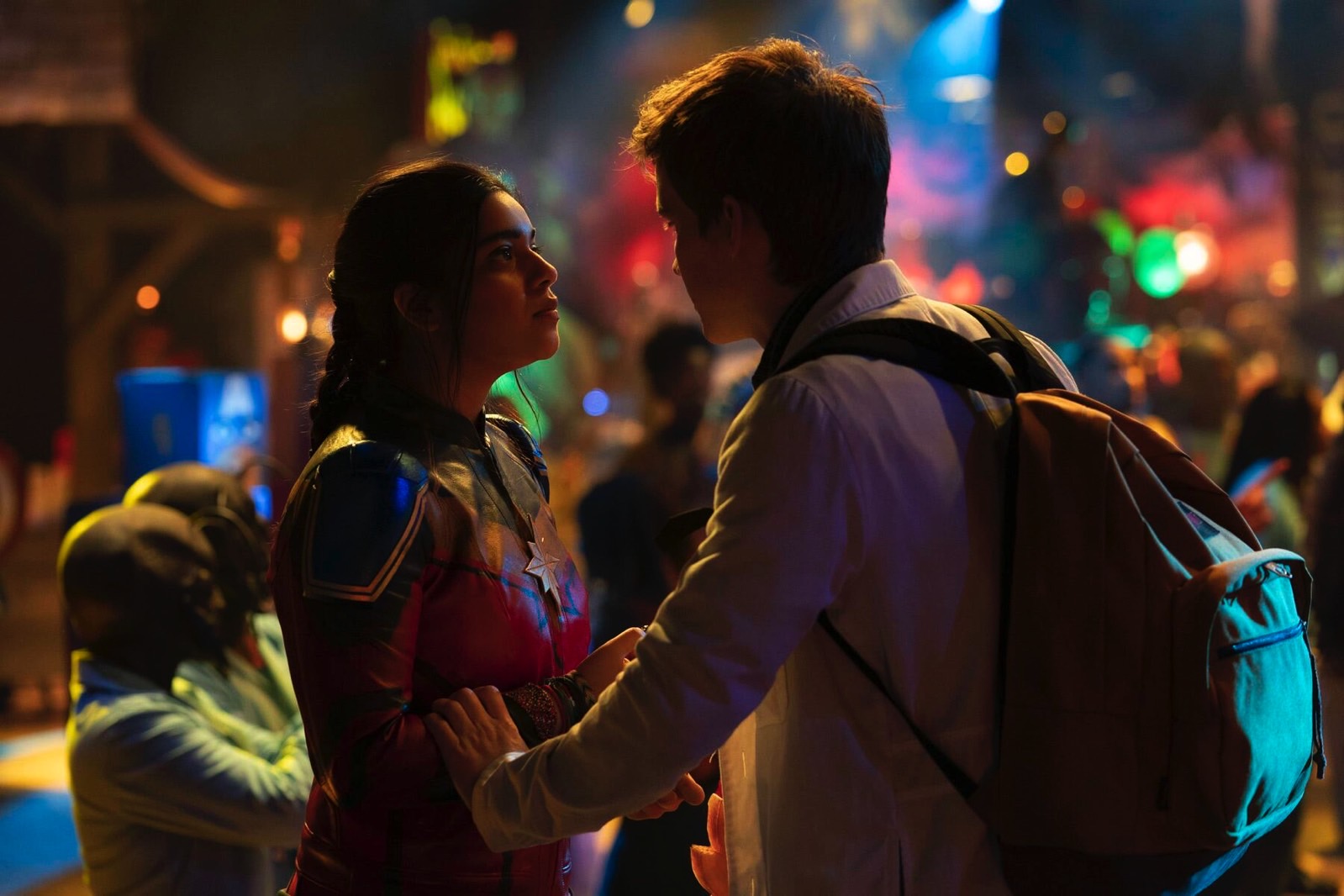 (L-R): Iman Vellani as Ms. Marvel/Kamala Khan and Matt Lintz as Bruno in Marvel Studios' Ms. Marvel.