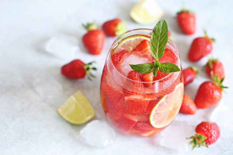 Strawberry tea in a glass.