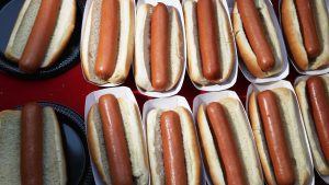 National Hot Dog Day Hot dogs are on ready to be eaten during the American Meat Institute's annual Hot Dog Lunch in the Rayburn courtyard on July 19, 2017 in Washington, DC.