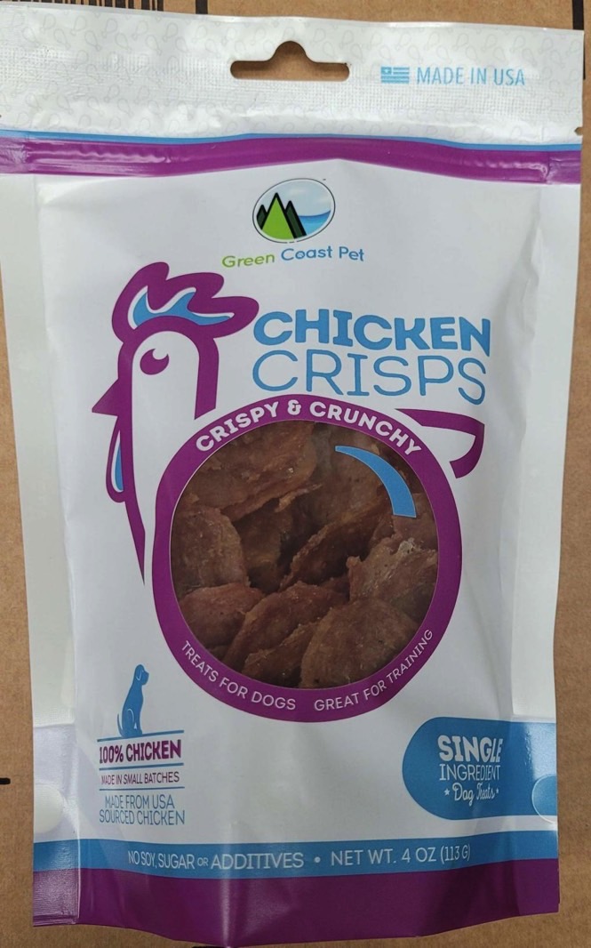 Stormberg chicken dog treats recall: Green Coast Pets Chicken Crisps.