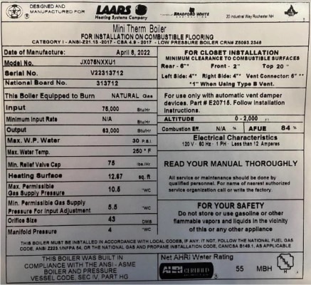 Laars boilers recall: Boiler rating plate, shows model and serial number.