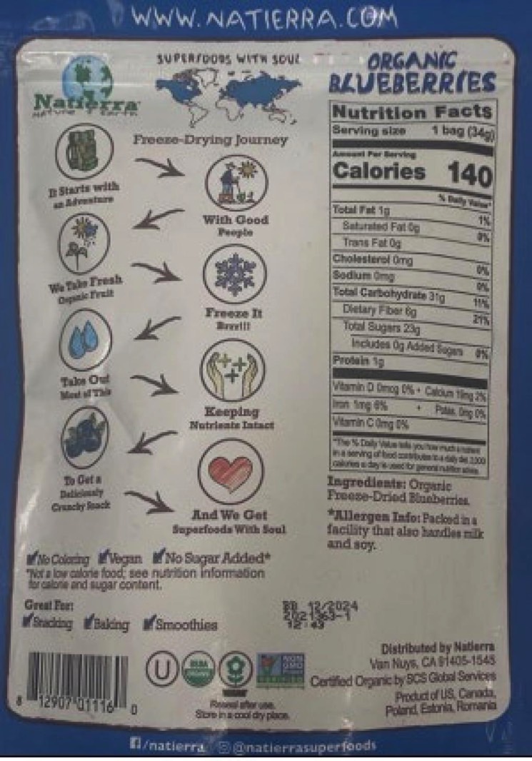 Natierra Organic Freeze-Dried Blueberry recall: The rear side of the retail package contains the identifying information.