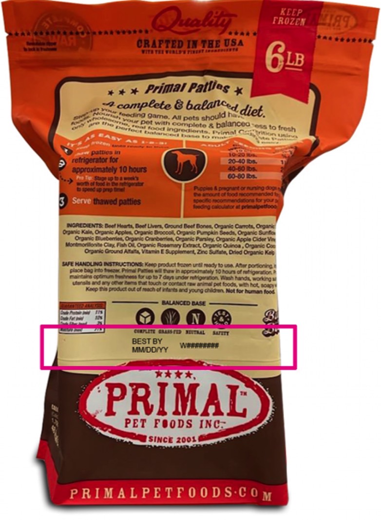 Primal Pet Foods recall: Location of product identifiers.