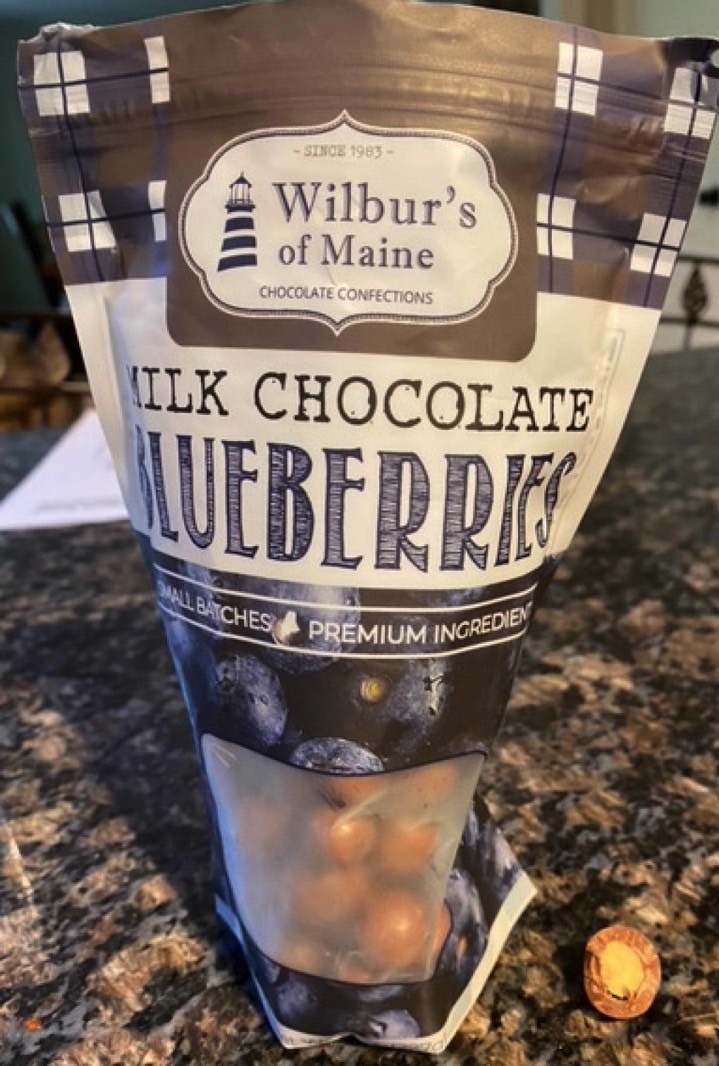 Wilbur's Milk Chocolate Blueberries recall: A photo of the product shows the front side of the bag.