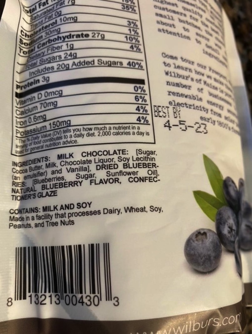 Wilbur's Milk Chocolate Blueberries recall: The back side of the product bag shows the UPC and expiration date.