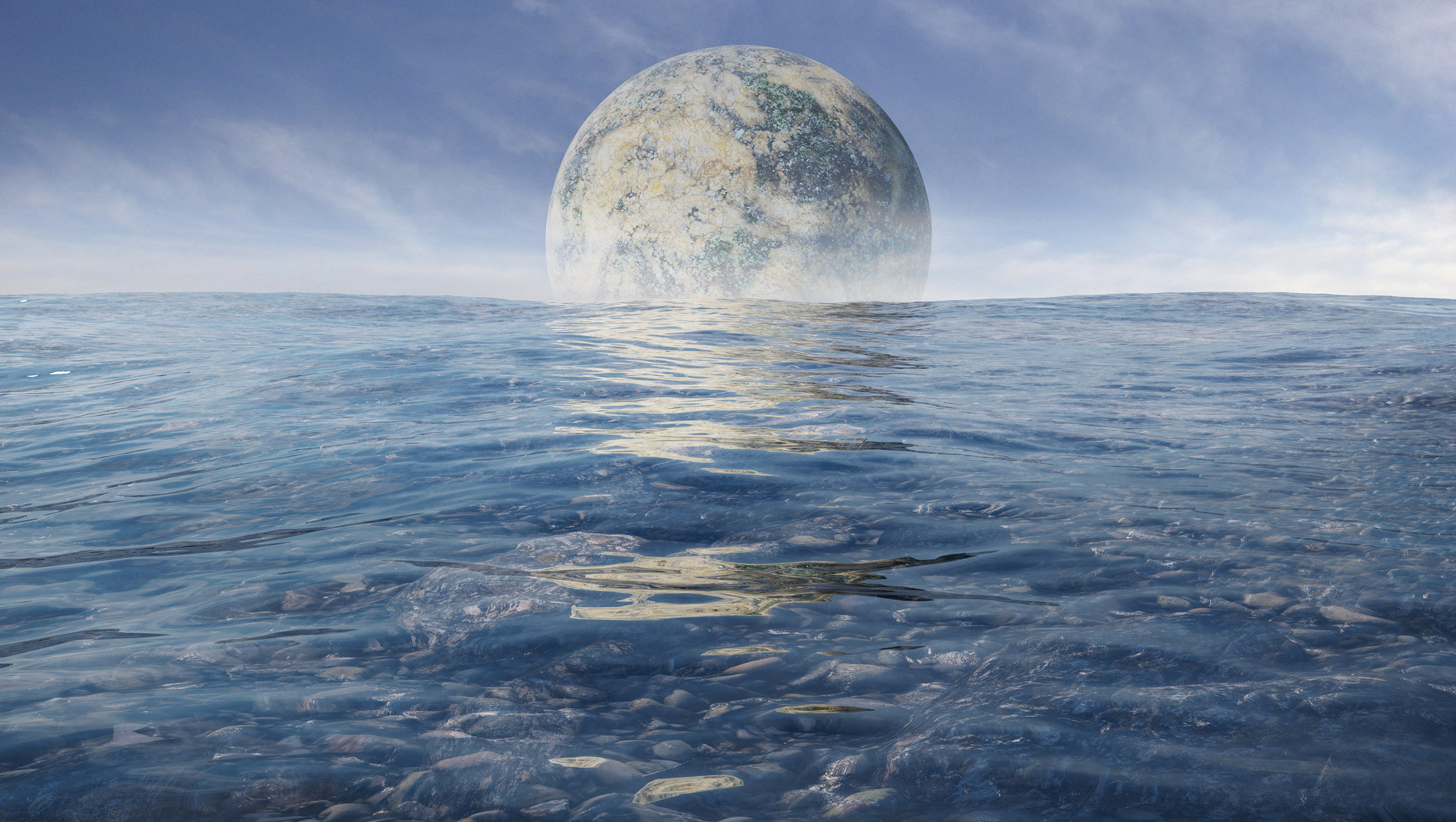 water world with moon rising over it