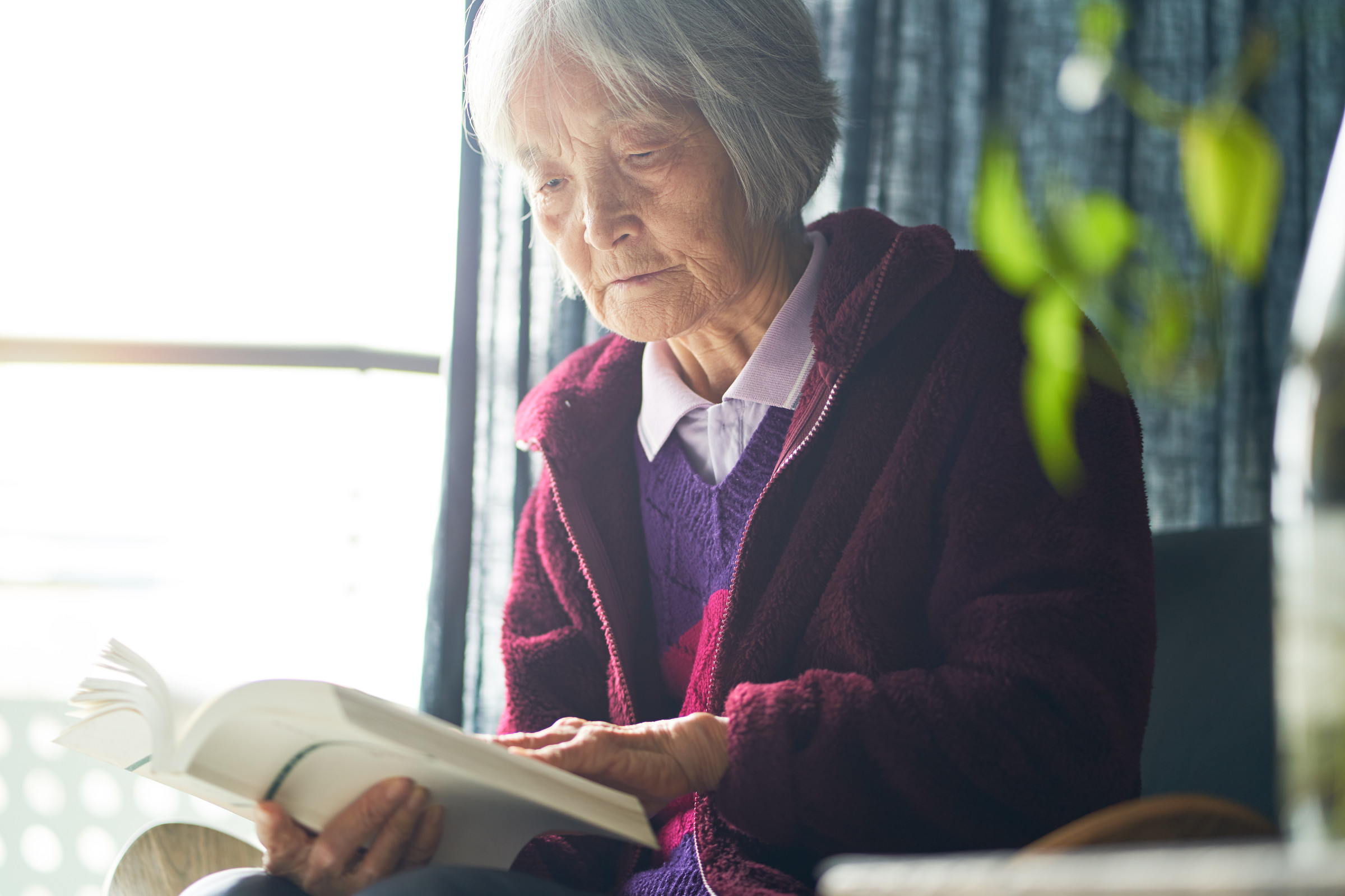 elderly asian woman reading