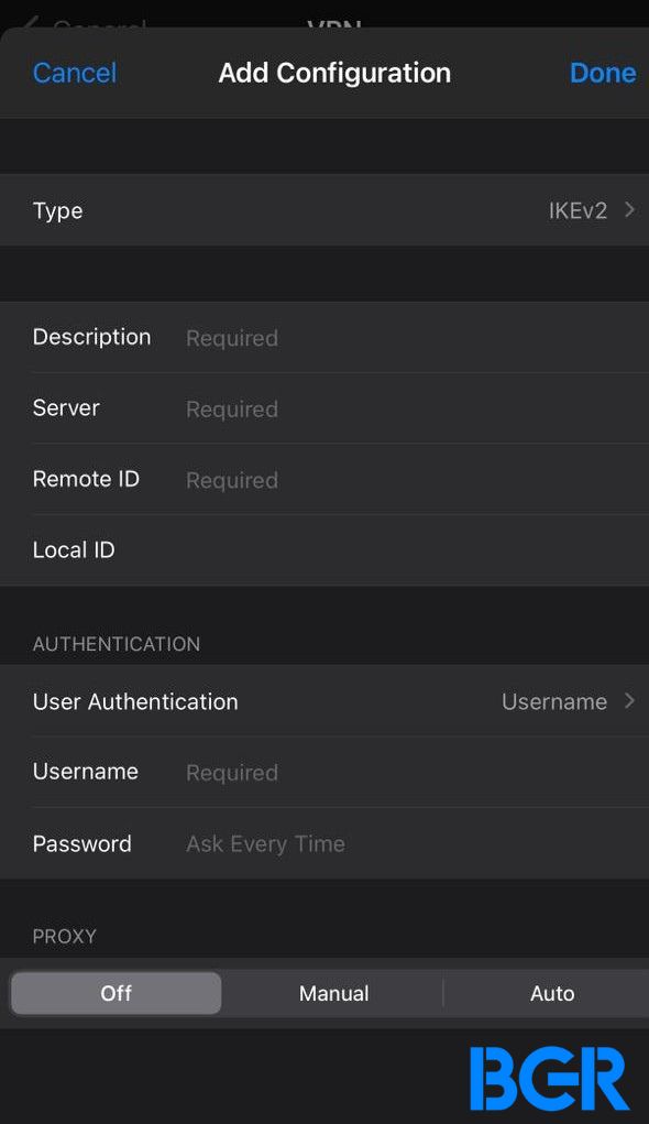 Authentication details, VPN on iPhone
