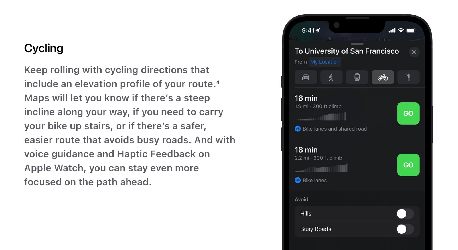 Apple Maps cycling navigations and directions experience described on Apple's Maps web pages.