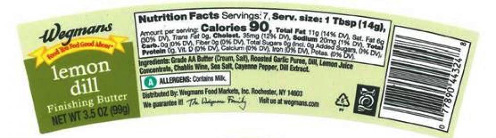 Epicurean butter recall: The UPC code location on the Wegmans Lemon Dill Finishing Butter tubs label.