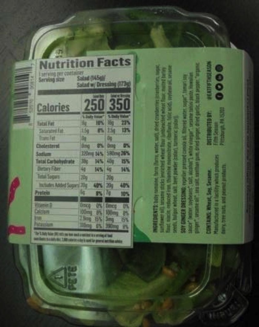 Fifth Season salad recall: The ingredients label of the Crunchy Sesame Salad Kits retail package.