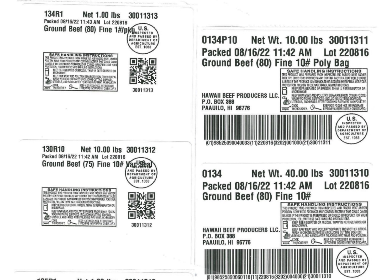 FSIS beef warning: Label examples for various Hawaii Big Island Beef products.