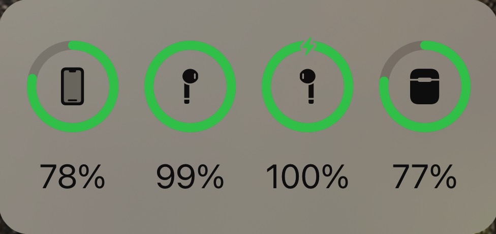 A battery widget on iPhone shows battery details for iPhone, left and right AirPods, and the AirPods case.