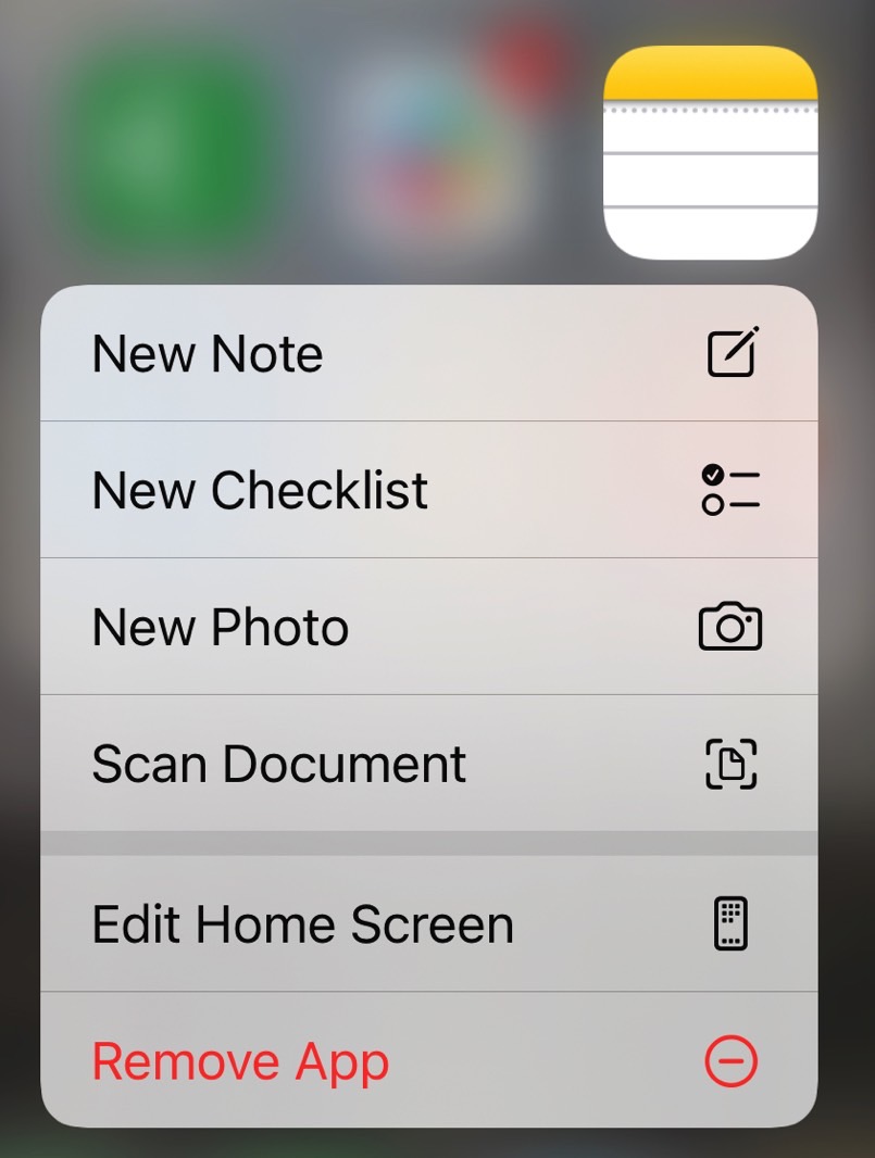 iPhone Quick Actions for the Notes app.