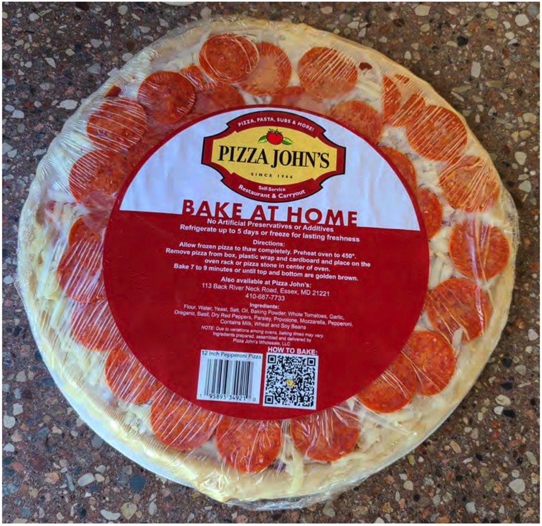 Pizza John's recall: Photo showing the label and packaging for pepperoni pizzas that are being recalled.