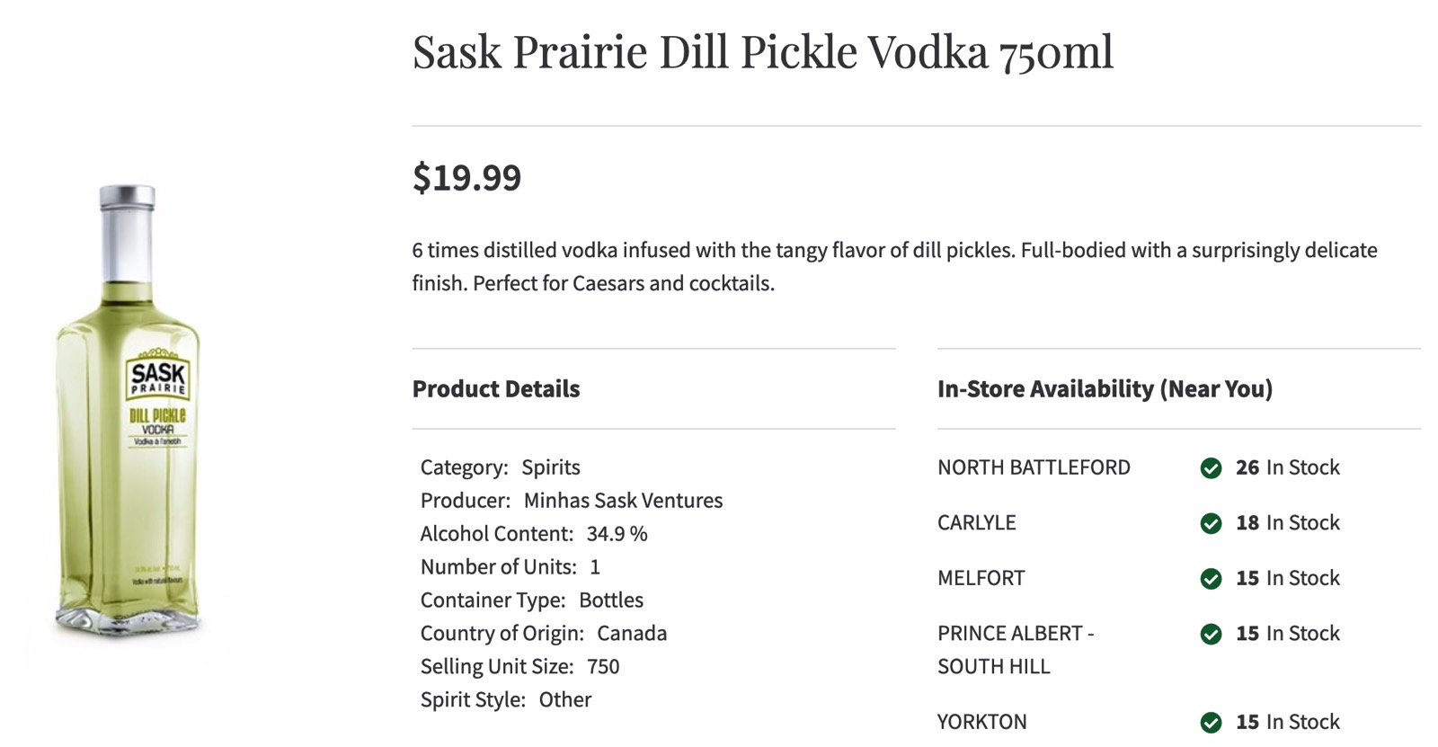 Sask Prairie Dill Pickle Flavored Vodka recall: Product description from a website selling the vodka.