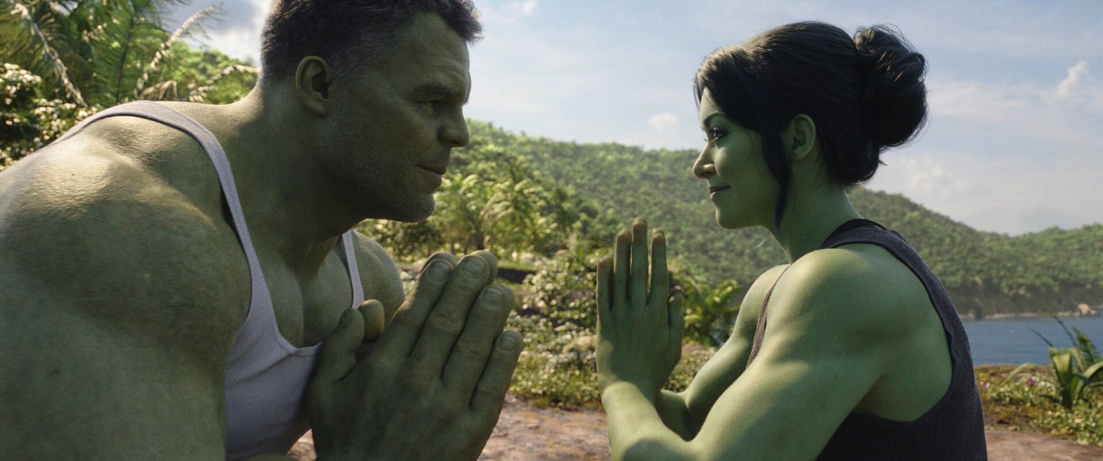 (L-R): Mark Ruffalo as Smart Hulk / Bruce Banner and  Tatiana Maslany as Jennifer "Jen" Walters/She-Hulk in Marvel Studios' She-Hulk: Attorney at Law, exclusively on Disney Plus.