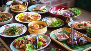 A variety of Thai foods on a table.
