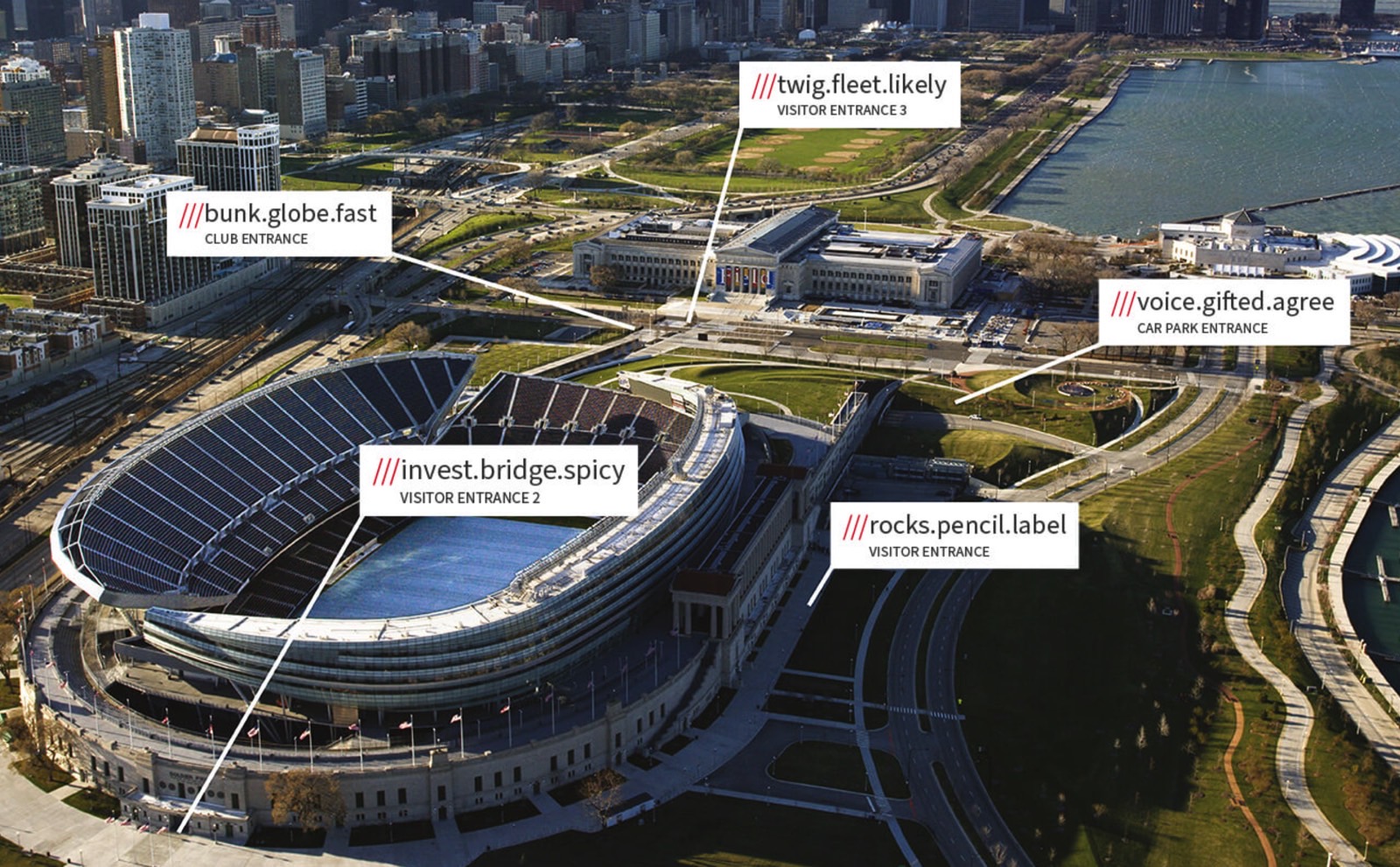 what3words locations for various stadium entrances.