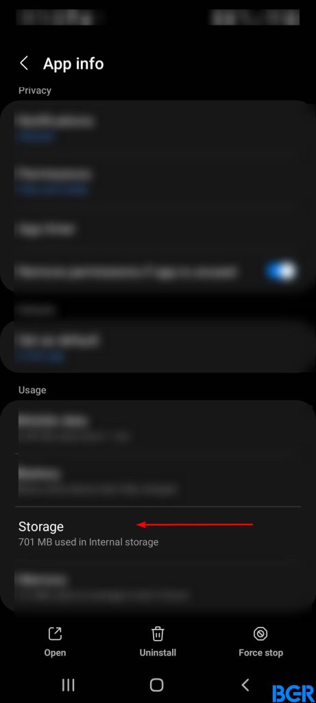 Tap storage to clear cache on Android