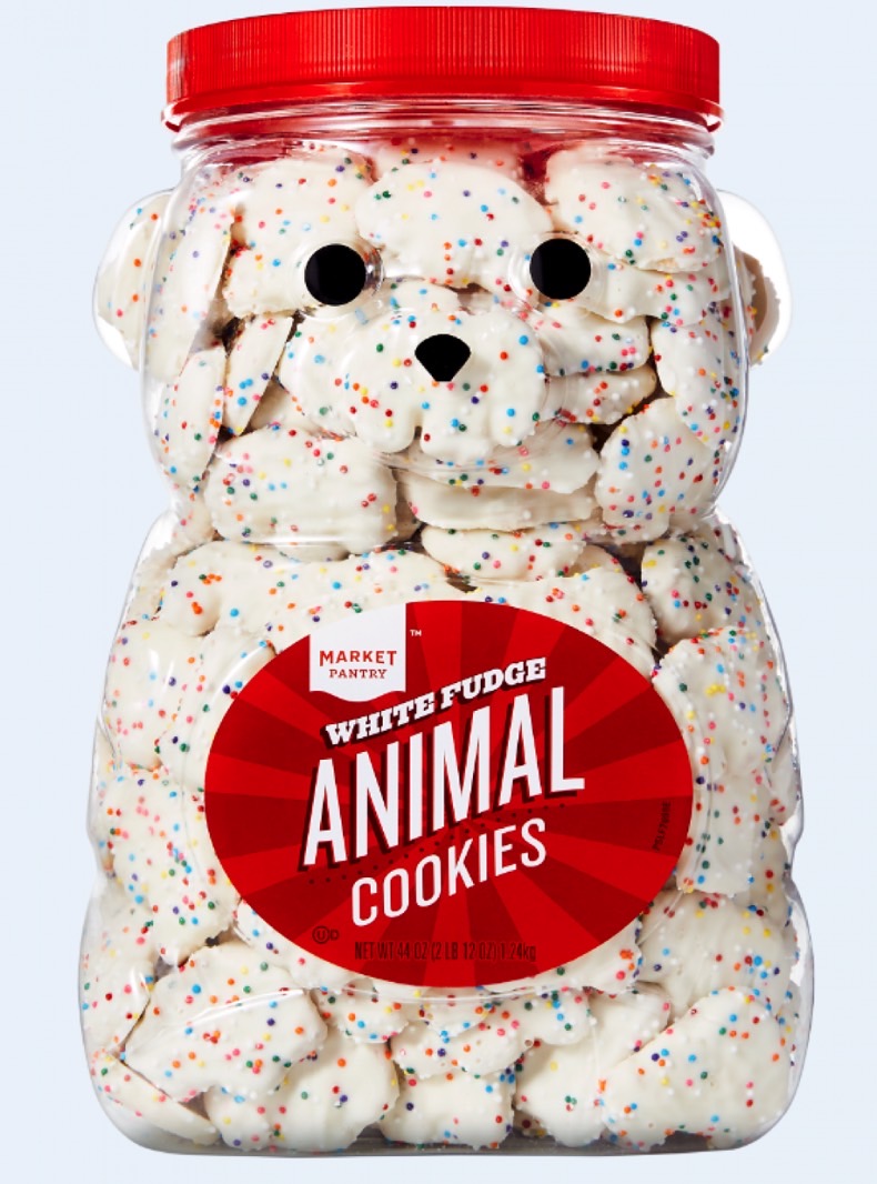 Animal cookies recall: Photo shows the Market Pantry White Fudge Animal Cookies bear jug container.