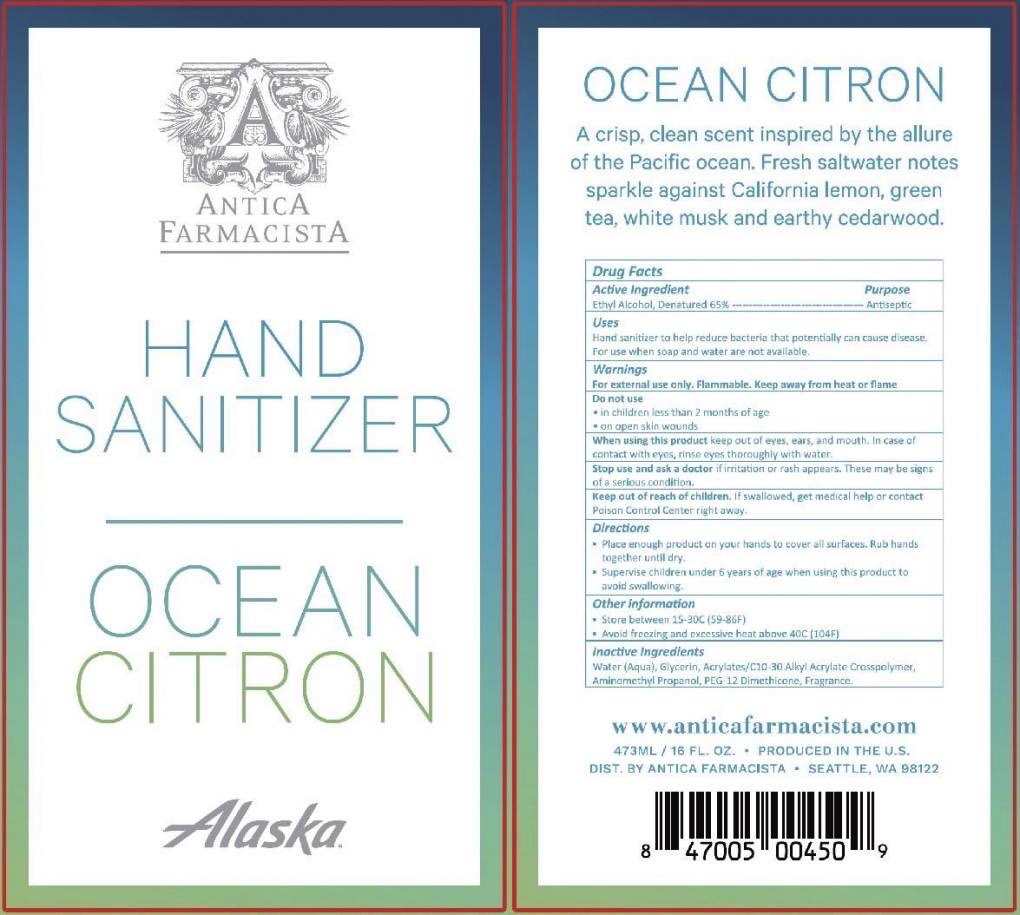 Antica hand sanitizer recall: Front and back labels of the product.