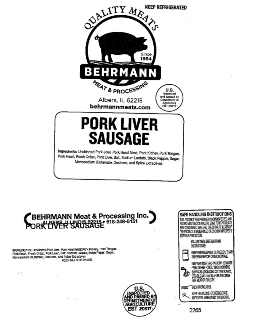 Behrmann meat recall: The label of a Pork Liver Sausage product.