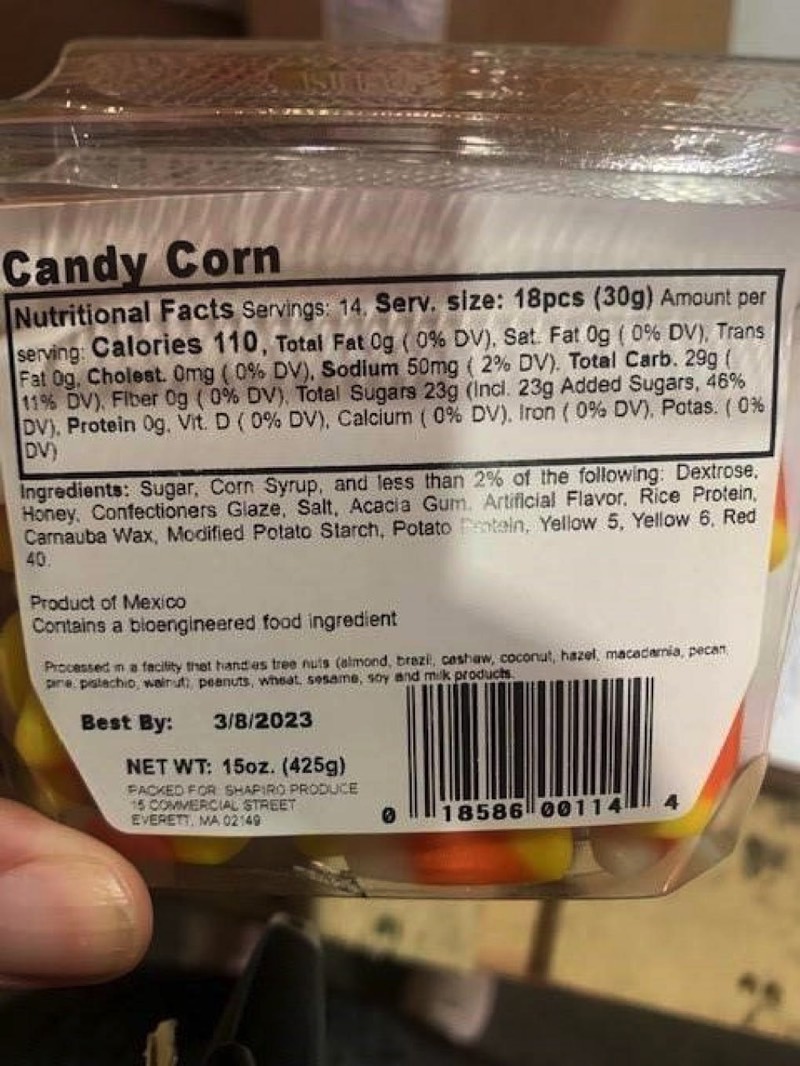 Candy Corn recall: The product label on the back of the plastic container.