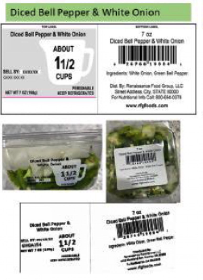 GHGA vegetable recall: Diced Bell Pepper and White Onion product package and labels.