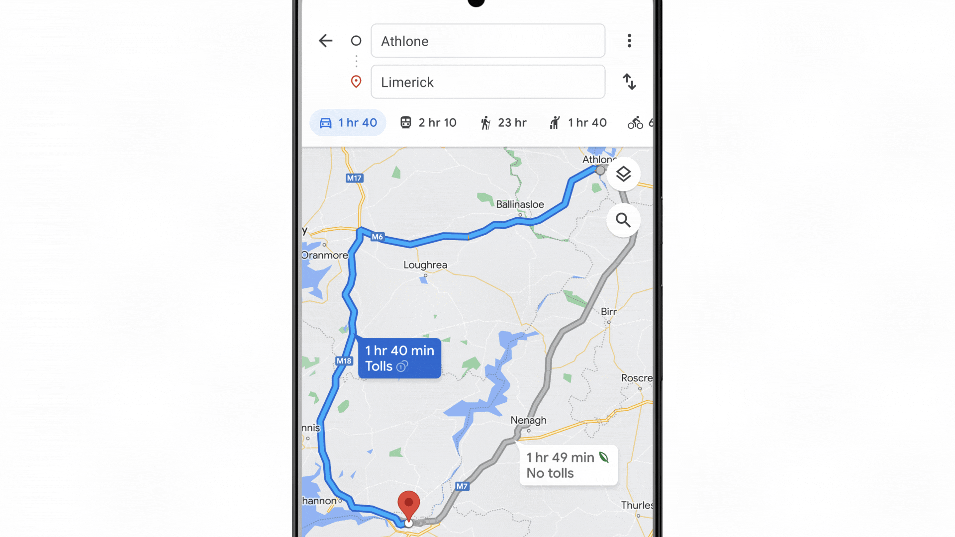 Selecting the car's engine type in Google Maps.