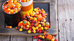 Halloween candy corn in two jars.