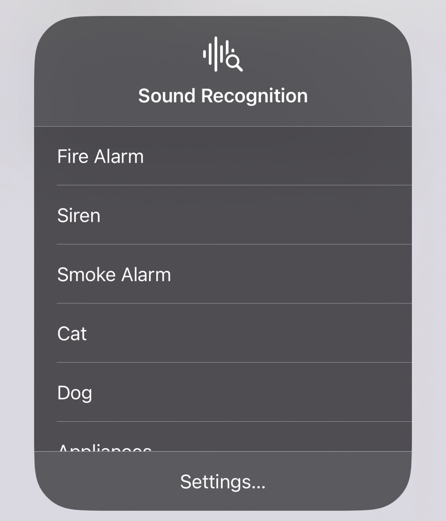 Sounds Recognition shortcut in Control Center on iPhone.