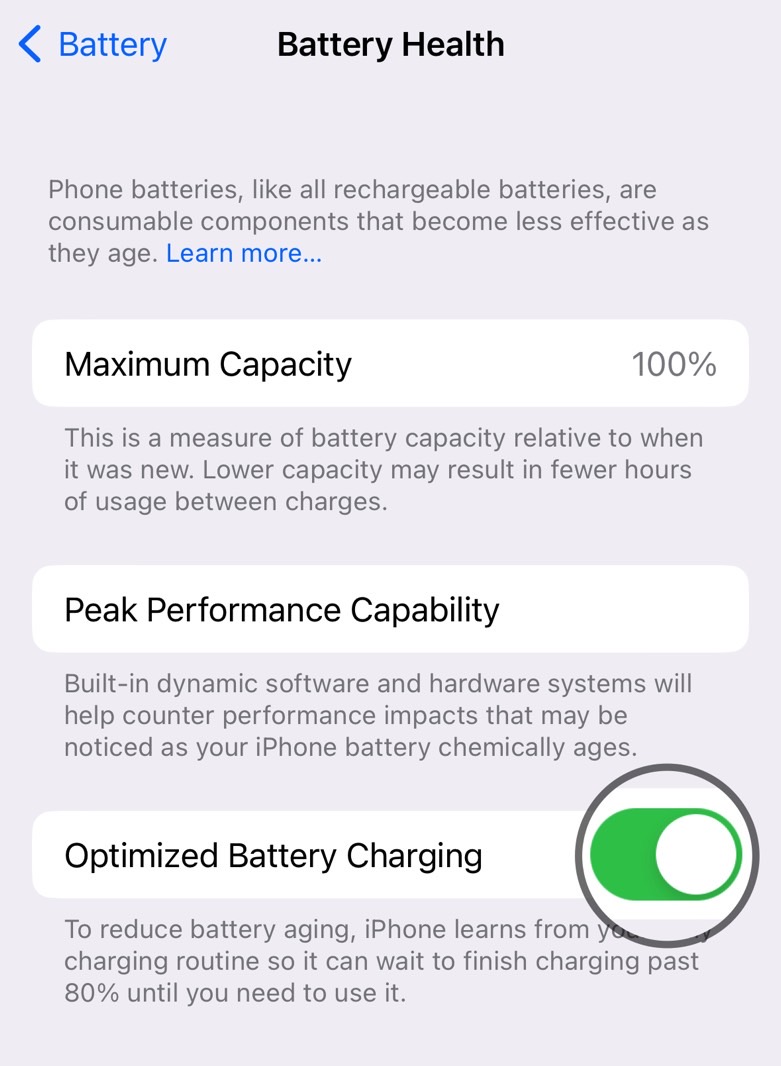 Enable optimized battery charging on iPhone.