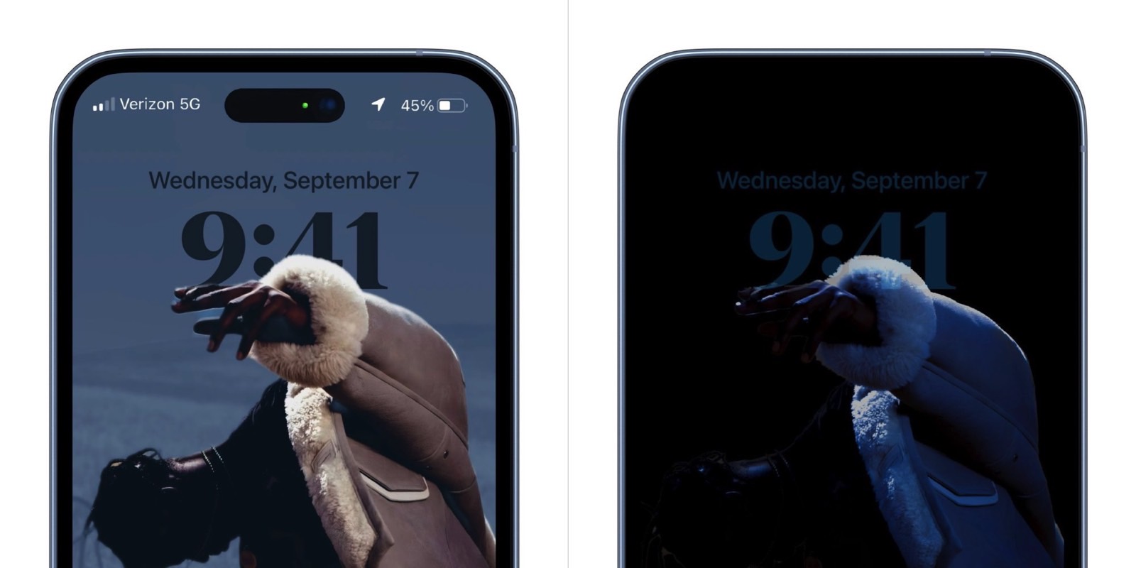 Concept image shows the iPhone 14 Pro display, pill "notch" and status bar changes (left) vs. the always-on display look (right).