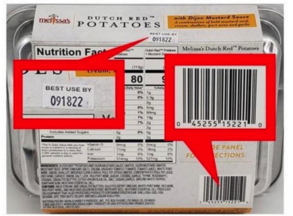 Melissa's potatoes recall: Back side of the package, showing various identifiers.