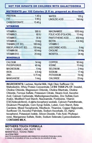 Mother's Touch baby formula warning and recall: Image showing the label.