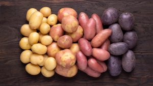 Heap of different types of potatoes on dark wooden rustic table.
