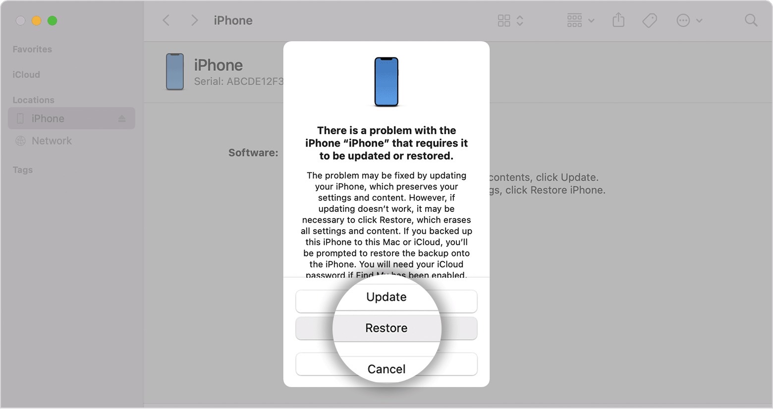 Using macOS to restore an iPhone.