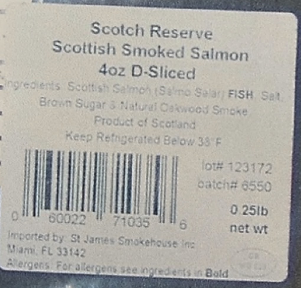 Smoked salmon recall: The label of the St. James Smokehouse product.