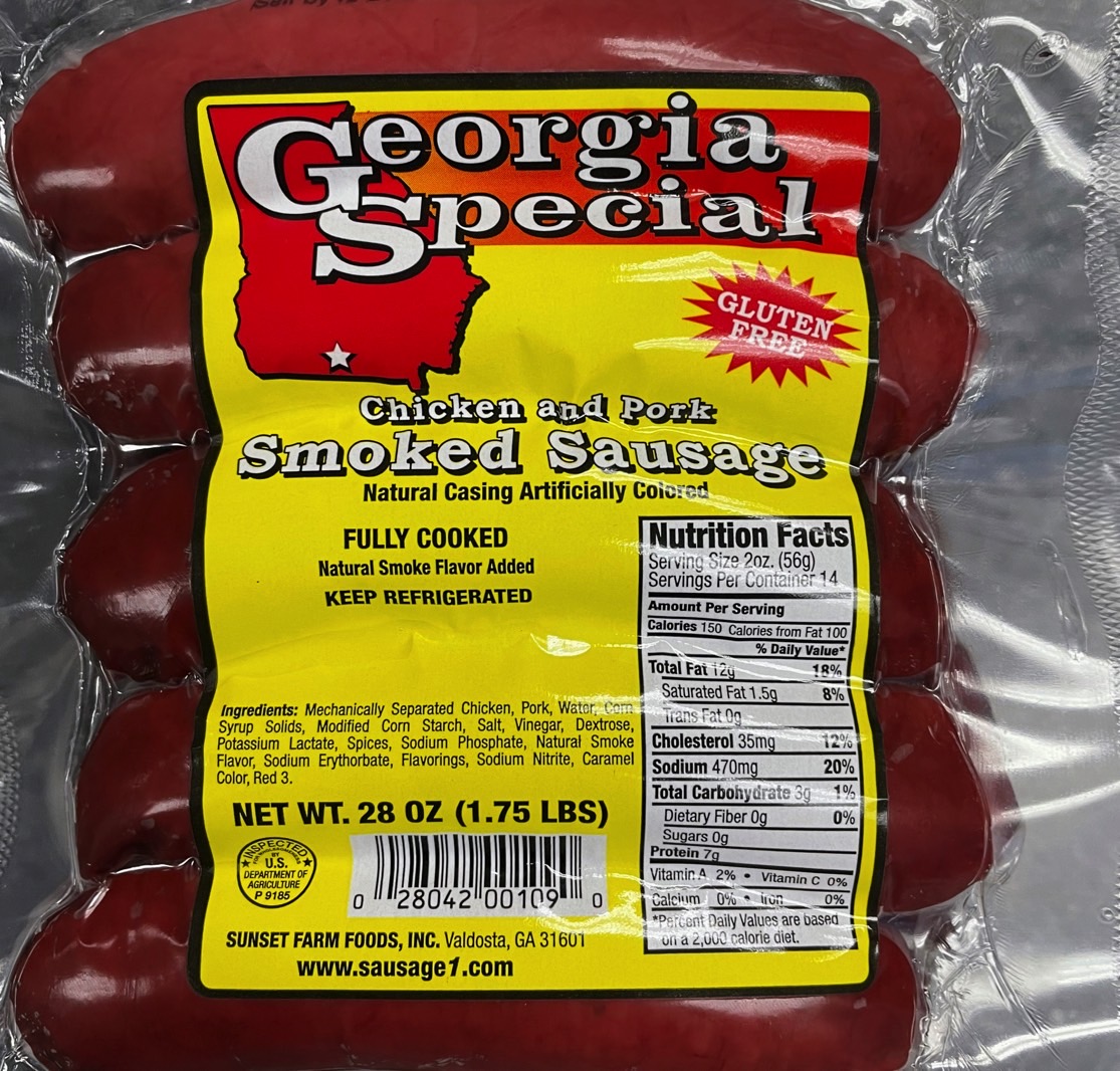 Smoked sausage recall: Image shows the sealed “Georgia Special Chicken and Pork Smoked Sausage” package, including the label.