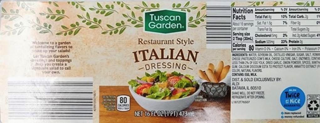 TreeHouse salad dressing recall: The label of the Tuscan Garden Restaurant Style Italian Dressing product.