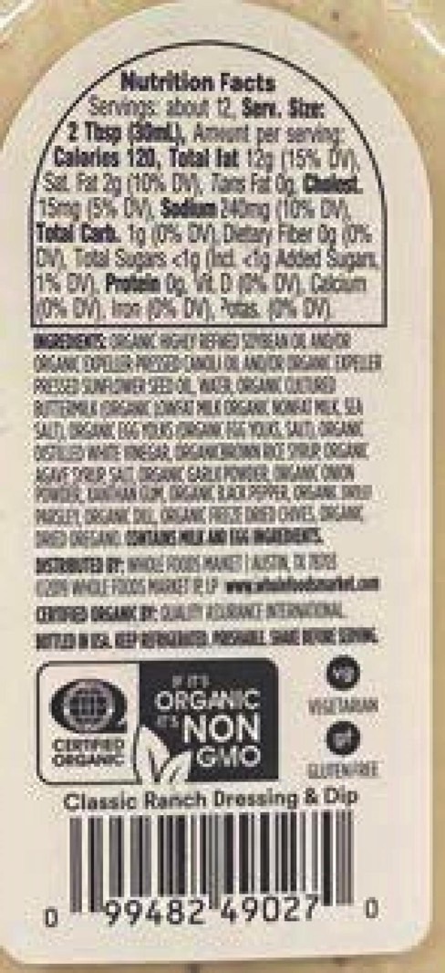 Whole Foods dressing recall: the back side of the package.