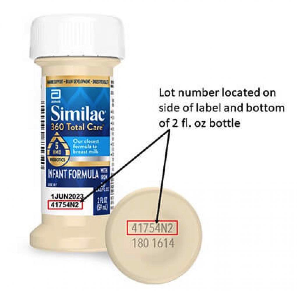 Abbott Similac baby formula recall: Location of lot number on 2 fl. oz bottles.