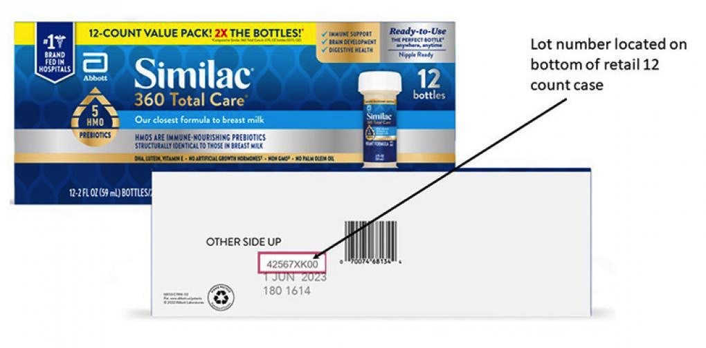 Abbott Similac baby formula recall: Location of lot number on a retaul 12-count case of 2 fl. oz bottles.