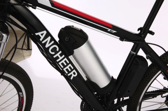 Ancheer e-bike recall: Close-up of the water bottle shaped cylindrical battery.