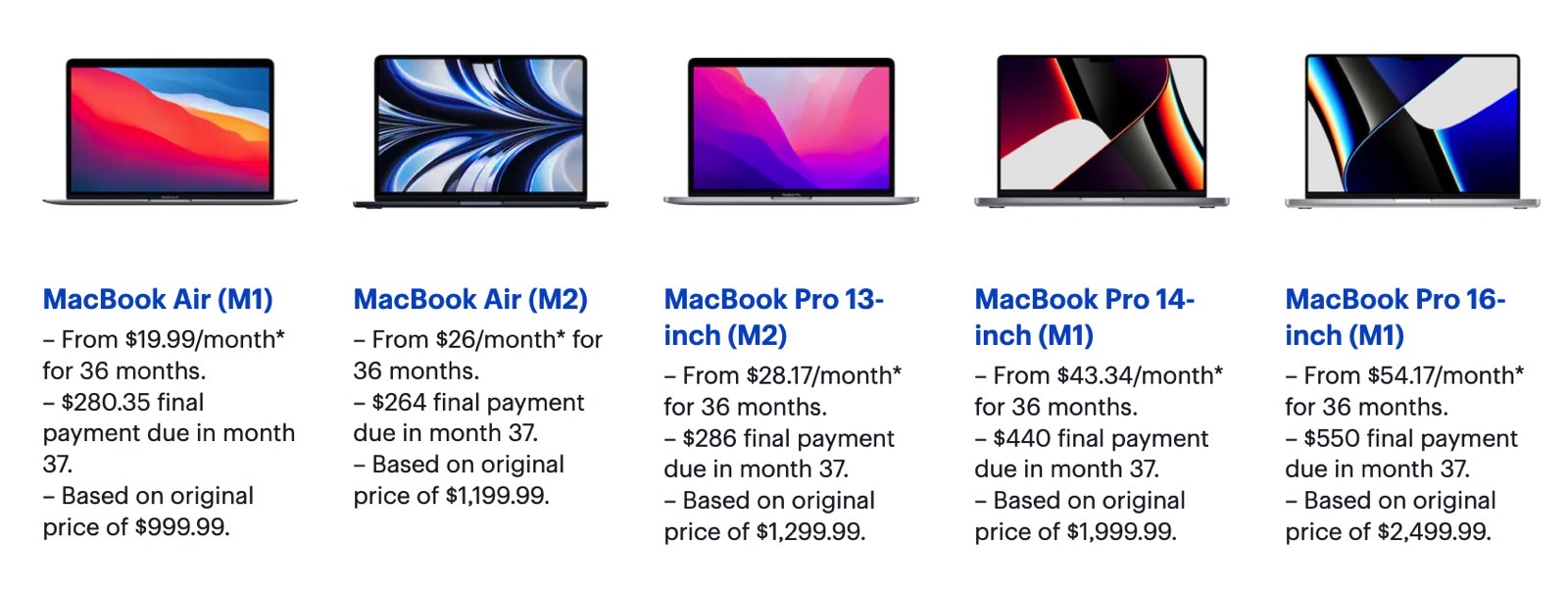 Best Buy's Upgrade Plus financing schemes for current MacBook Air and Pro models.