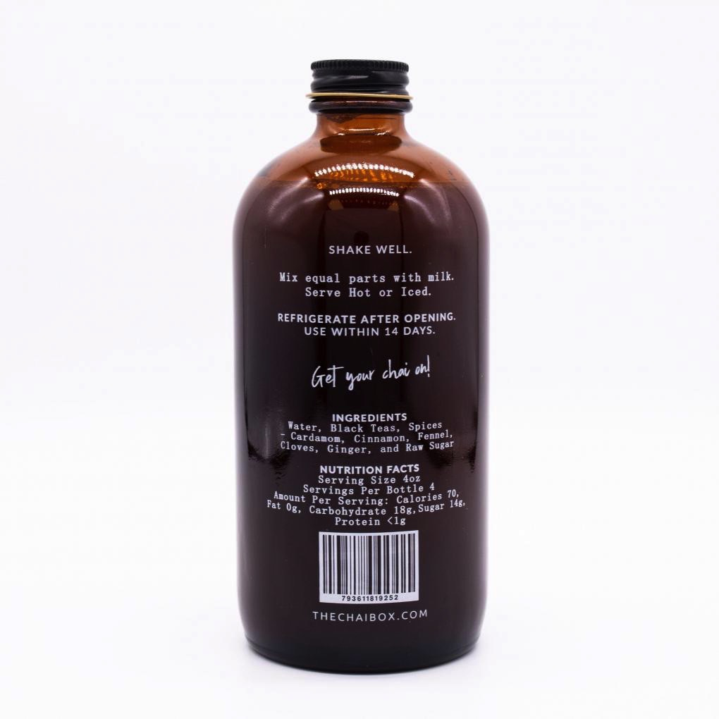 The Chai Box recall: Label on the 16oz chai bottle.